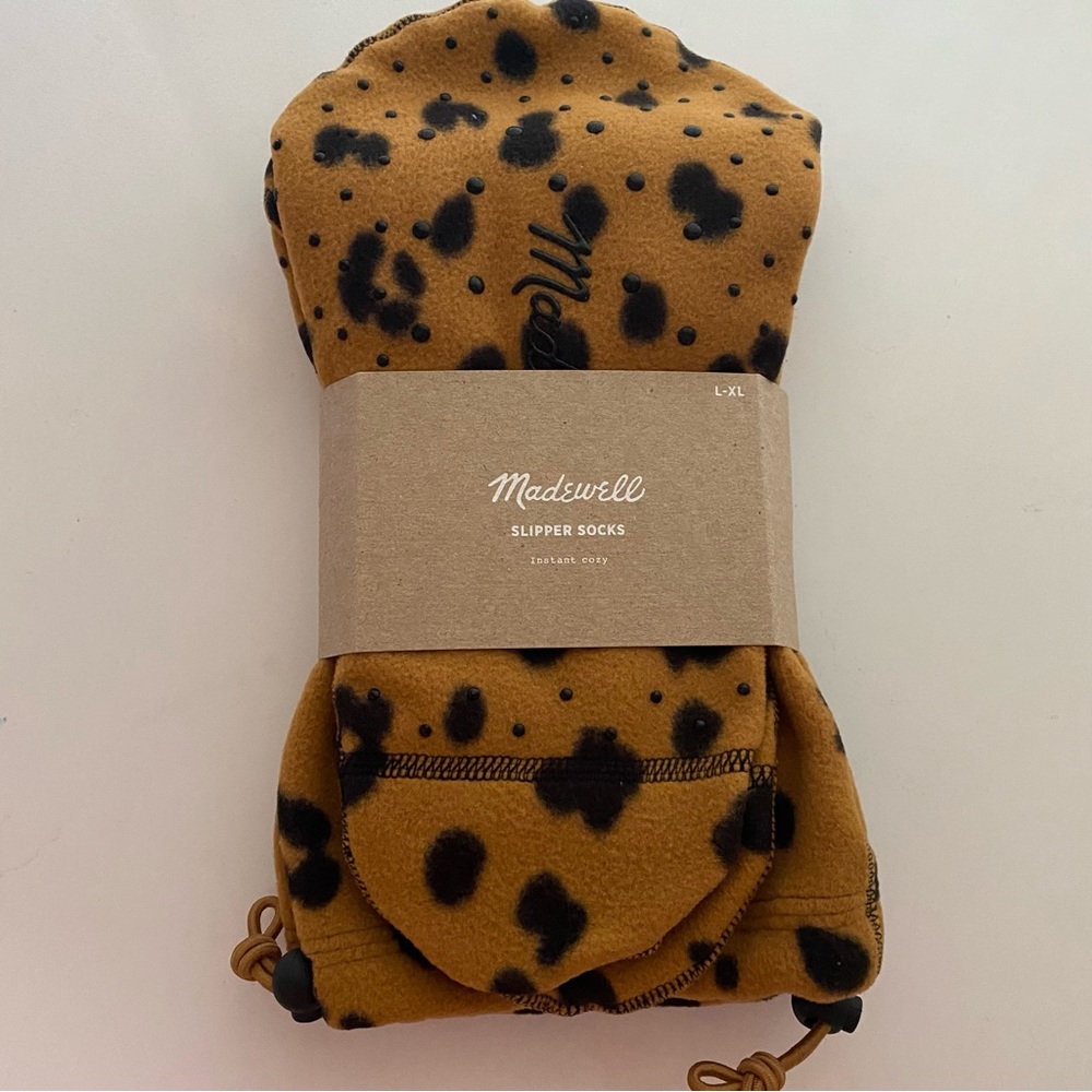 New! Madewell Fuzzy Slipper Socks Cheetah Animal Print Brown Black L / XL